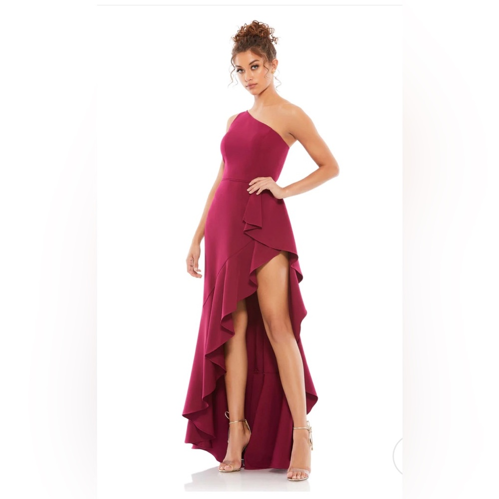 Mac Duggal ONE SHOULDER HIGH SLIT RUFFLE GOWN, size 10